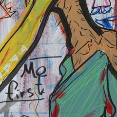 Me First — detail of the original artwork; printed surface differs