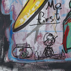 Me First — detail of the original artwork; printed surface differs
