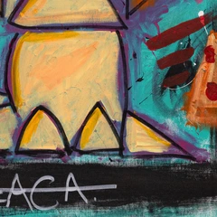 Peace and Pizza — detail of the original artwork; printed surface differs