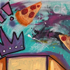 Peace and Pizza — detail of the original artwork; printed surface differs