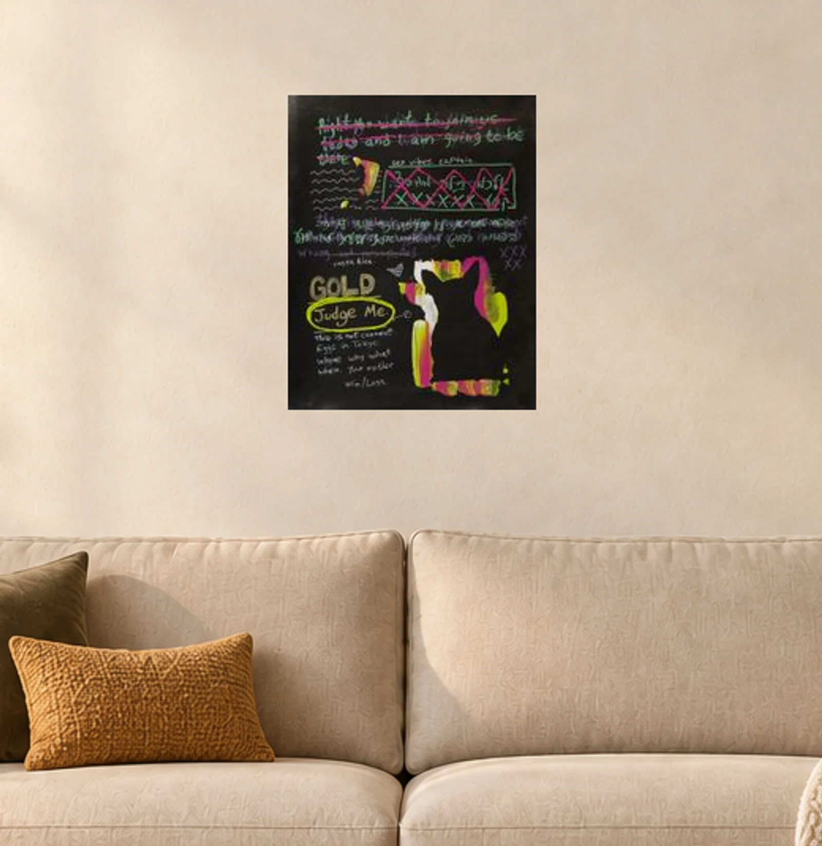 Judge Me — illustrative room visualization, approximate scale, original artwork