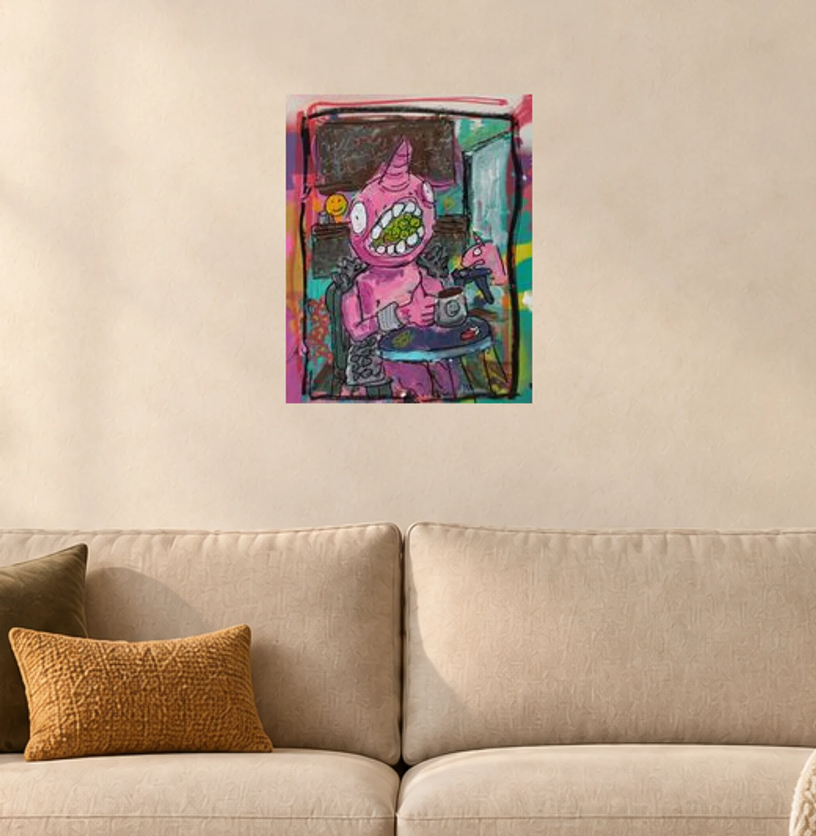 Breakfast of Champions — illustrative room visualization, approximate scale, original artwork