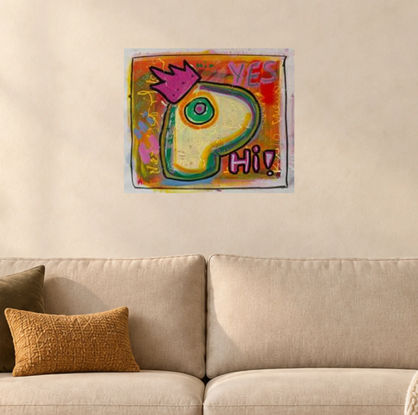 Hi Again! — illustrative room visualization, approximate scale, unframed print