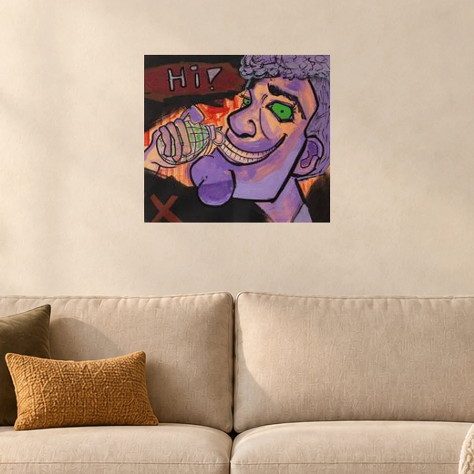 Hi! — illustrative room visualization, approximate scale, original artwork