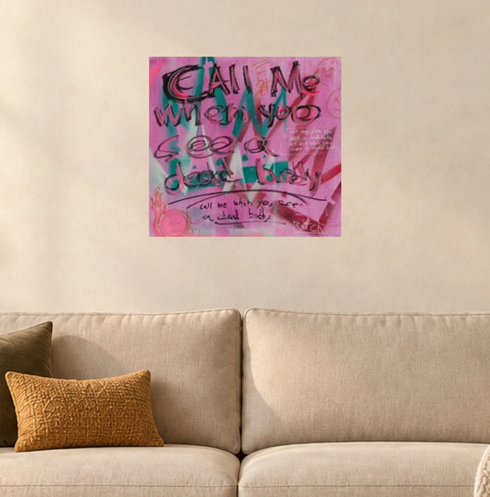 Call Me When You See a Dead Body — illustrative room visualization, approximate scale, original artwork