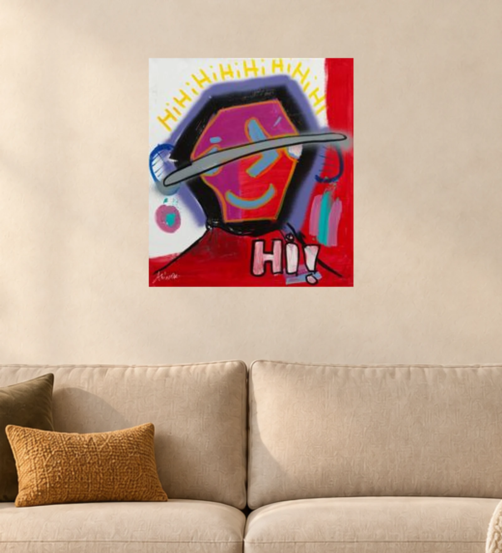 Hi again again  — illustrative room visualization, approximate scale, original artwork