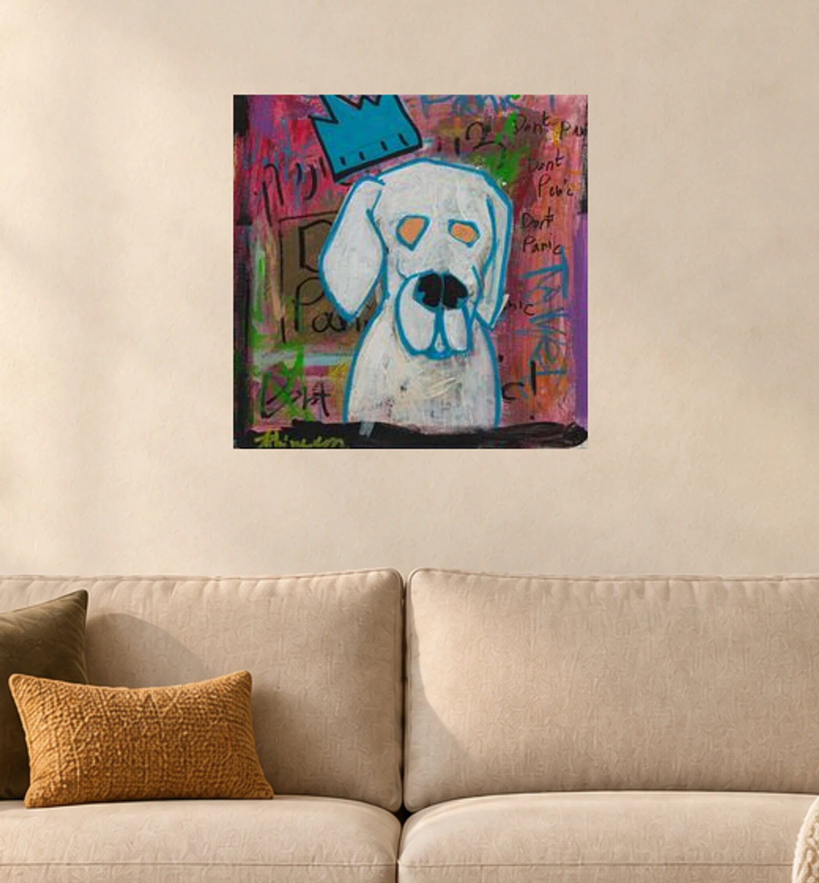 Don’t Panic — illustrative room visualization, approximate scale, original artwork