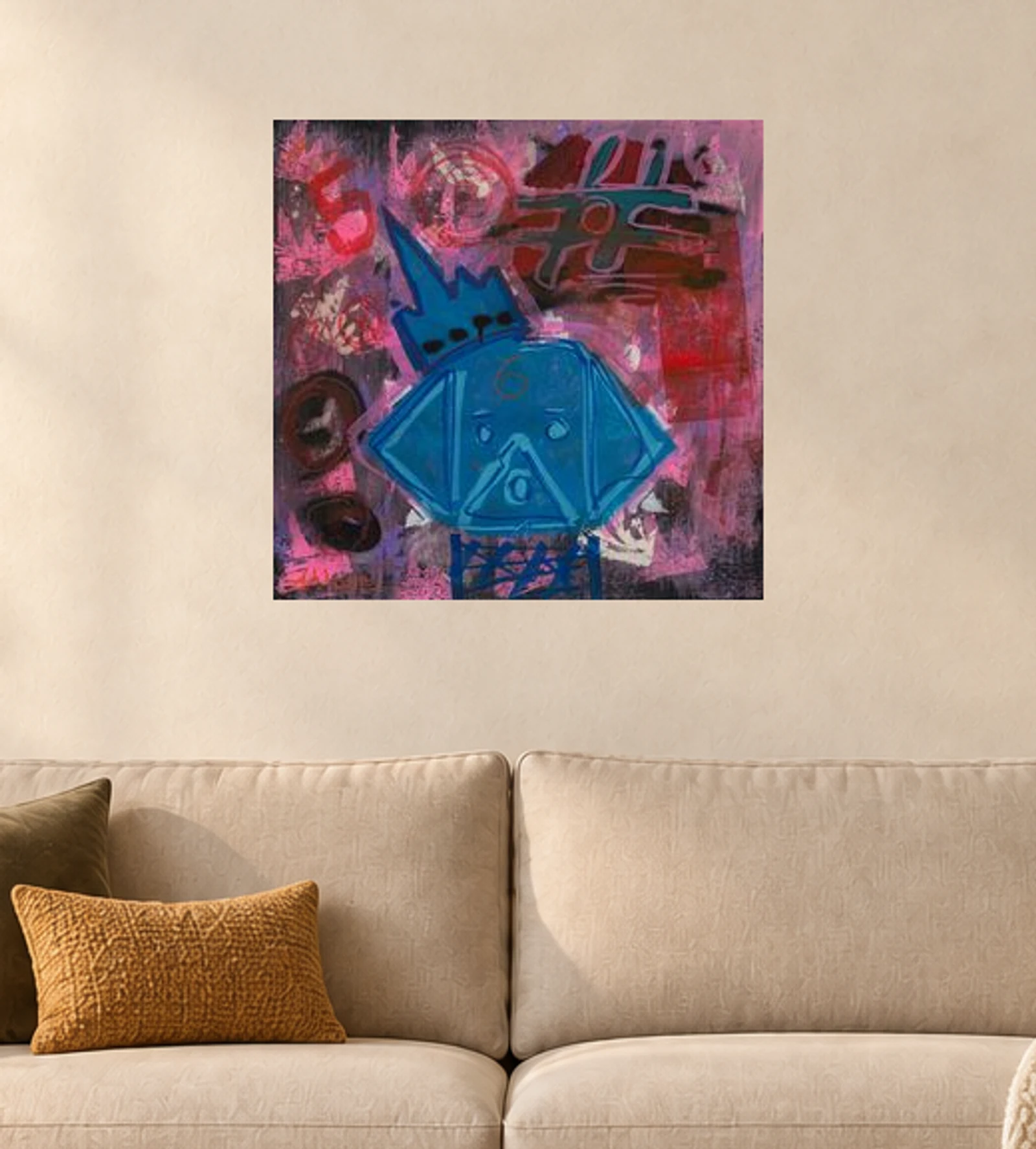 Blue Yoshi — illustrative room visualization, approximate scale, original artwork