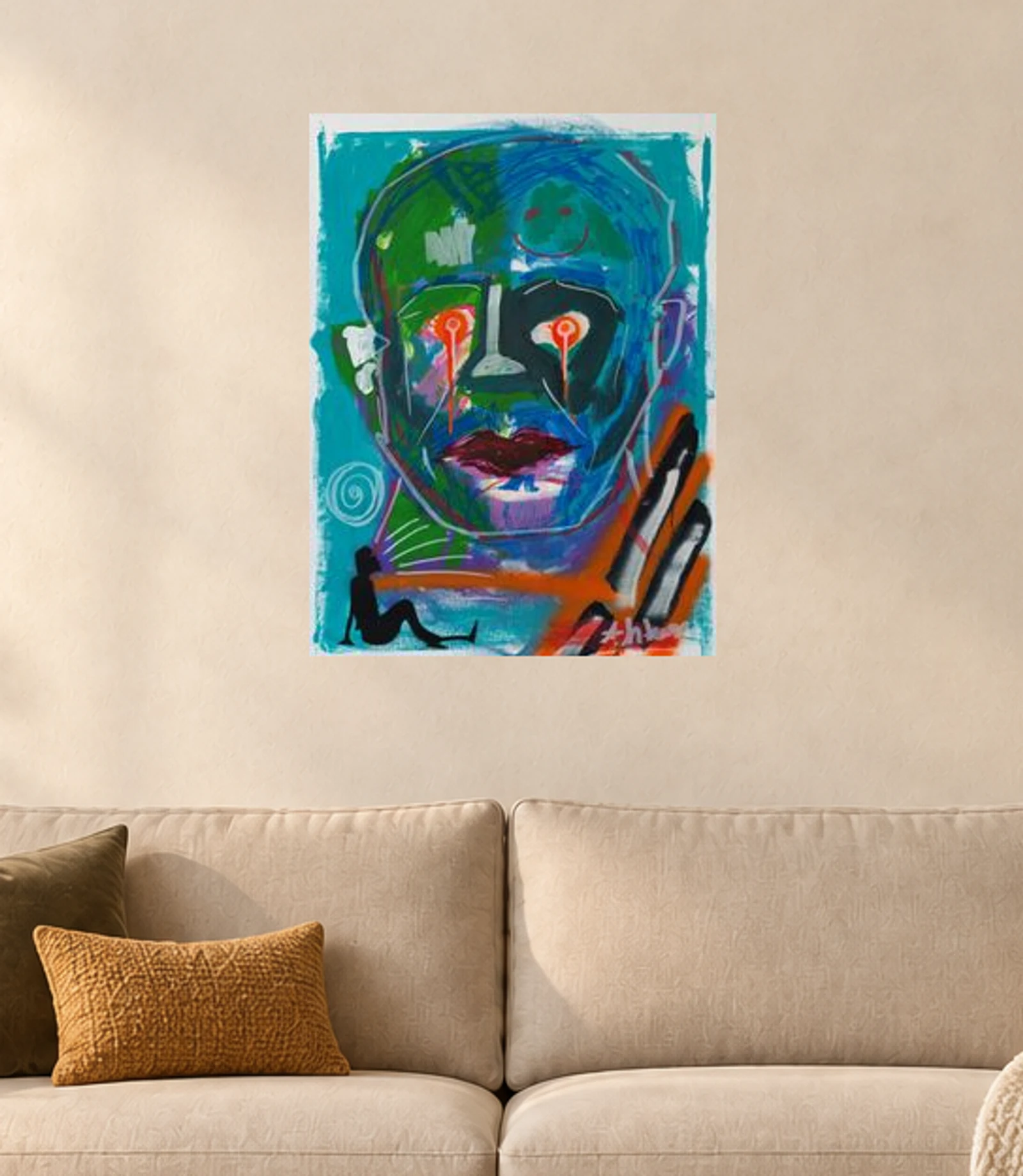 Keeping a Straight Face — illustrative room visualization, approximate scale, original artwork