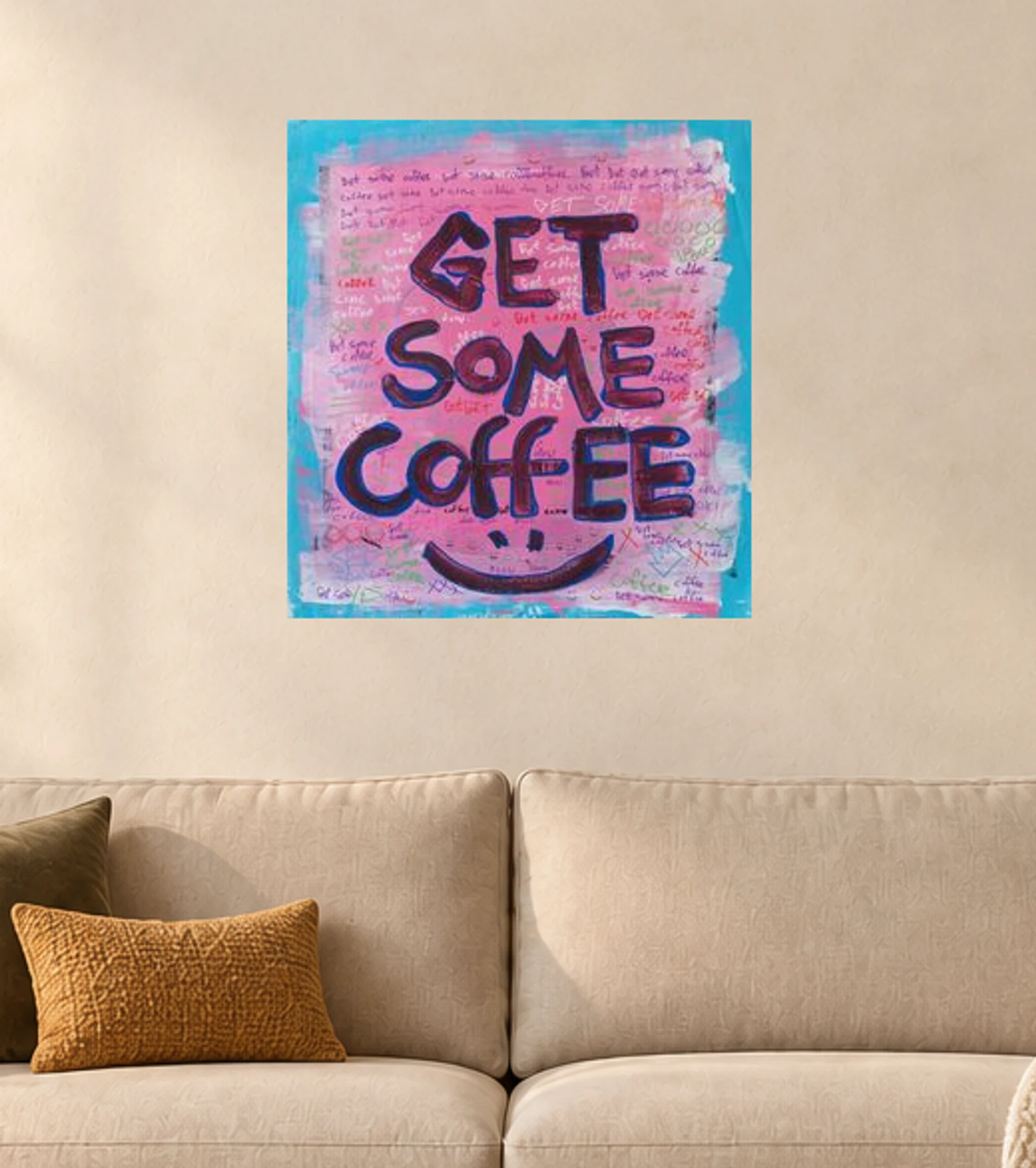 Get Some Coffee — illustrative room visualization, approximate scale, original artwork