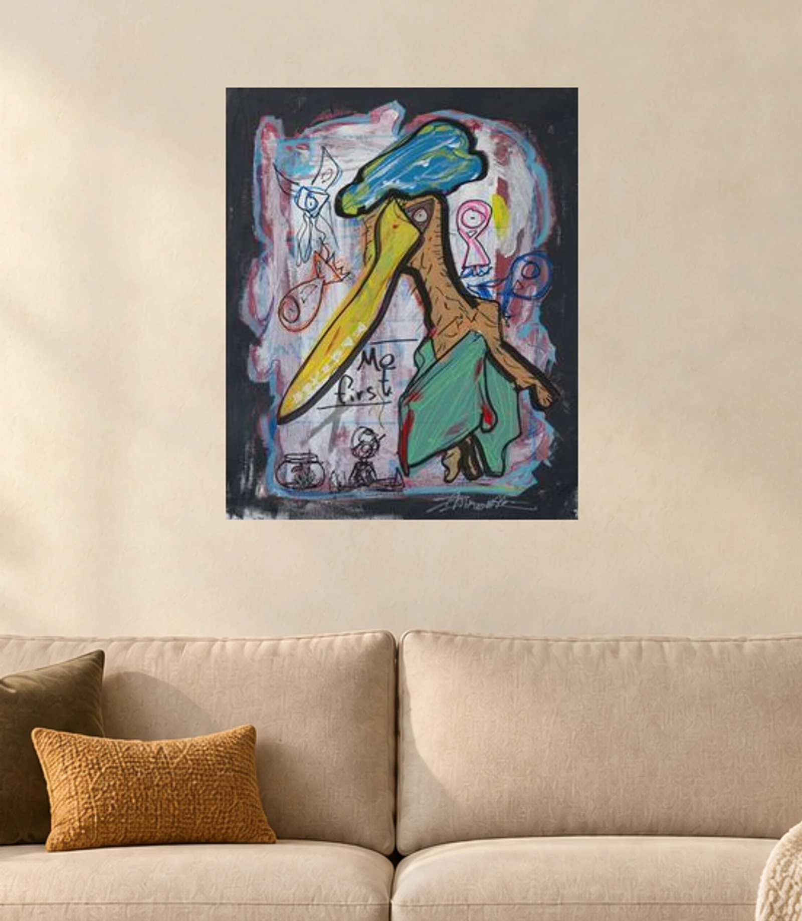 Me First — illustrative room visualization, approximate scale, original artwork