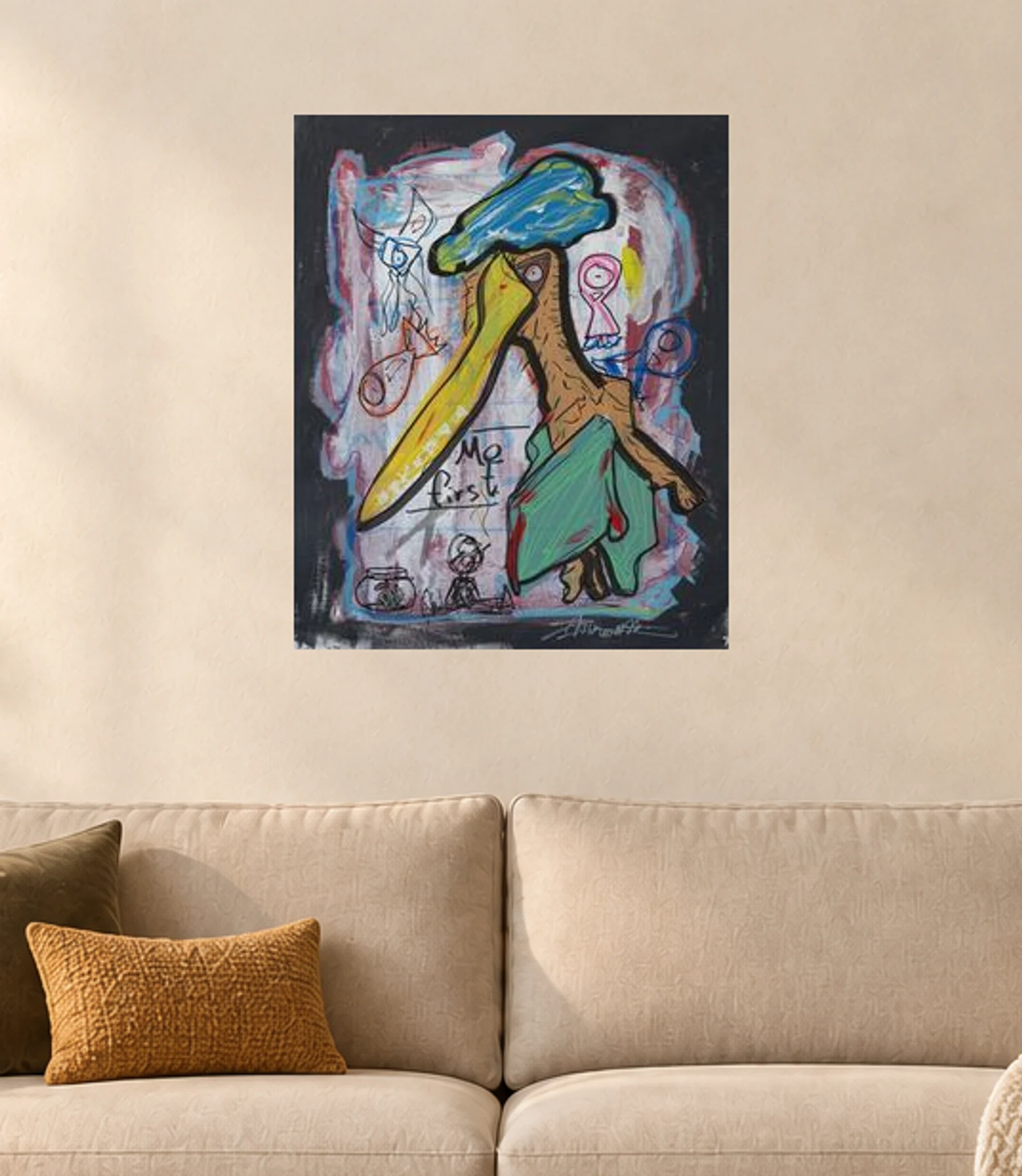 Me First — illustrative room visualization, approximate scale, unframed print