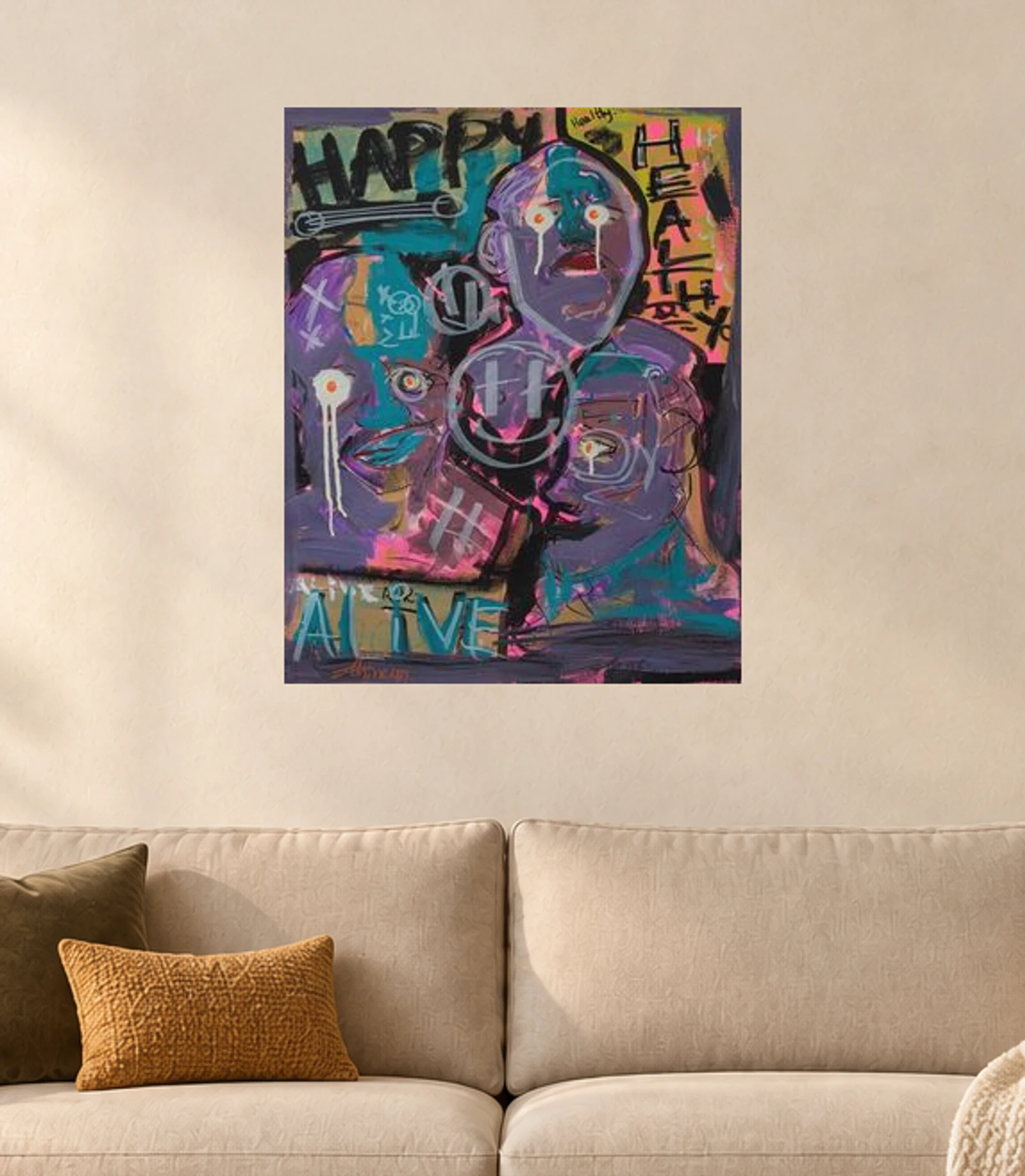 Happy, Healthy, Alive — illustrative room visualization, approximate scale, unframed print