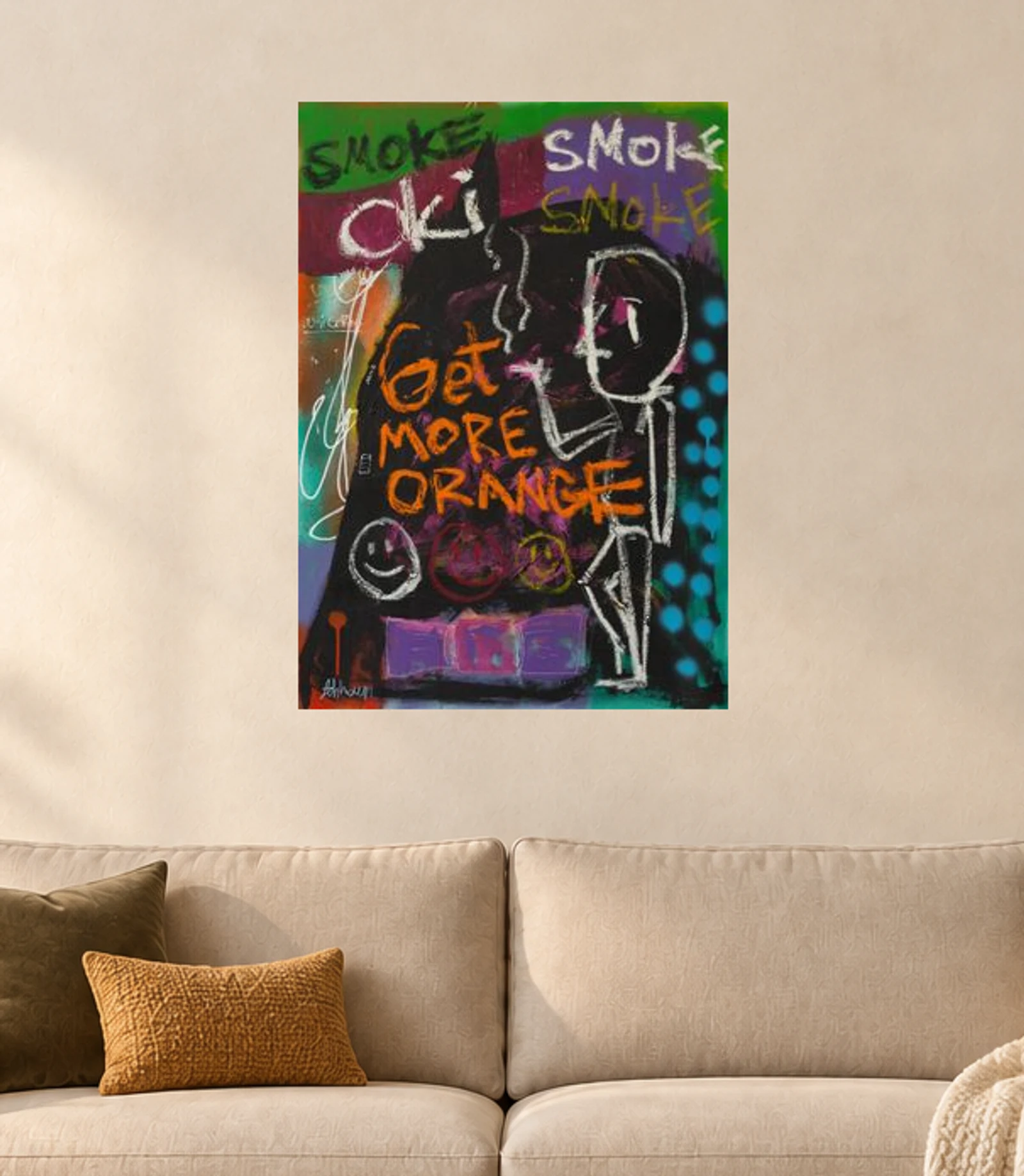 Get More Orange — illustrative room visualization, approximate scale, original artwork