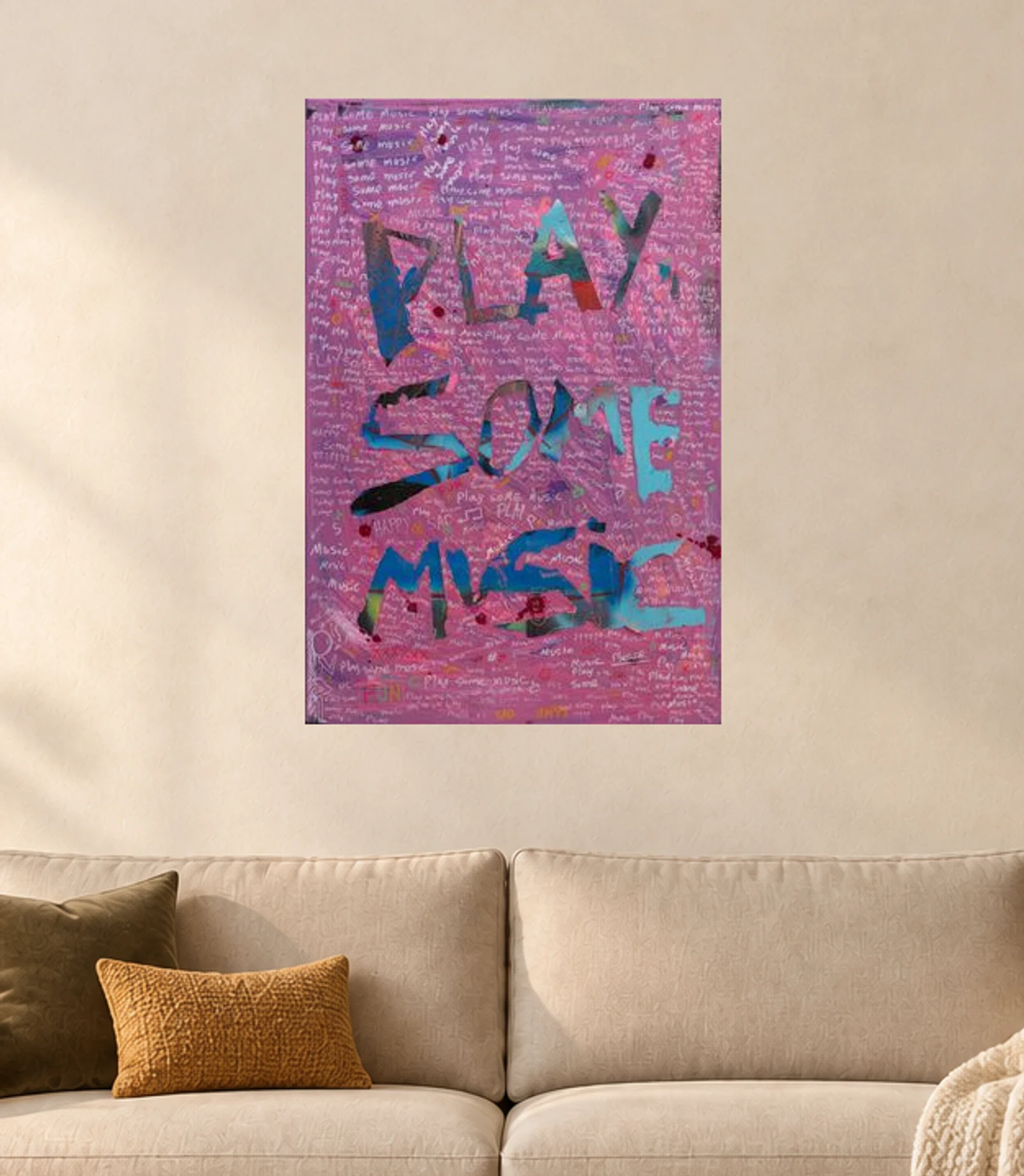 Play Some Music — illustrative room visualization, approximate scale, original artwork