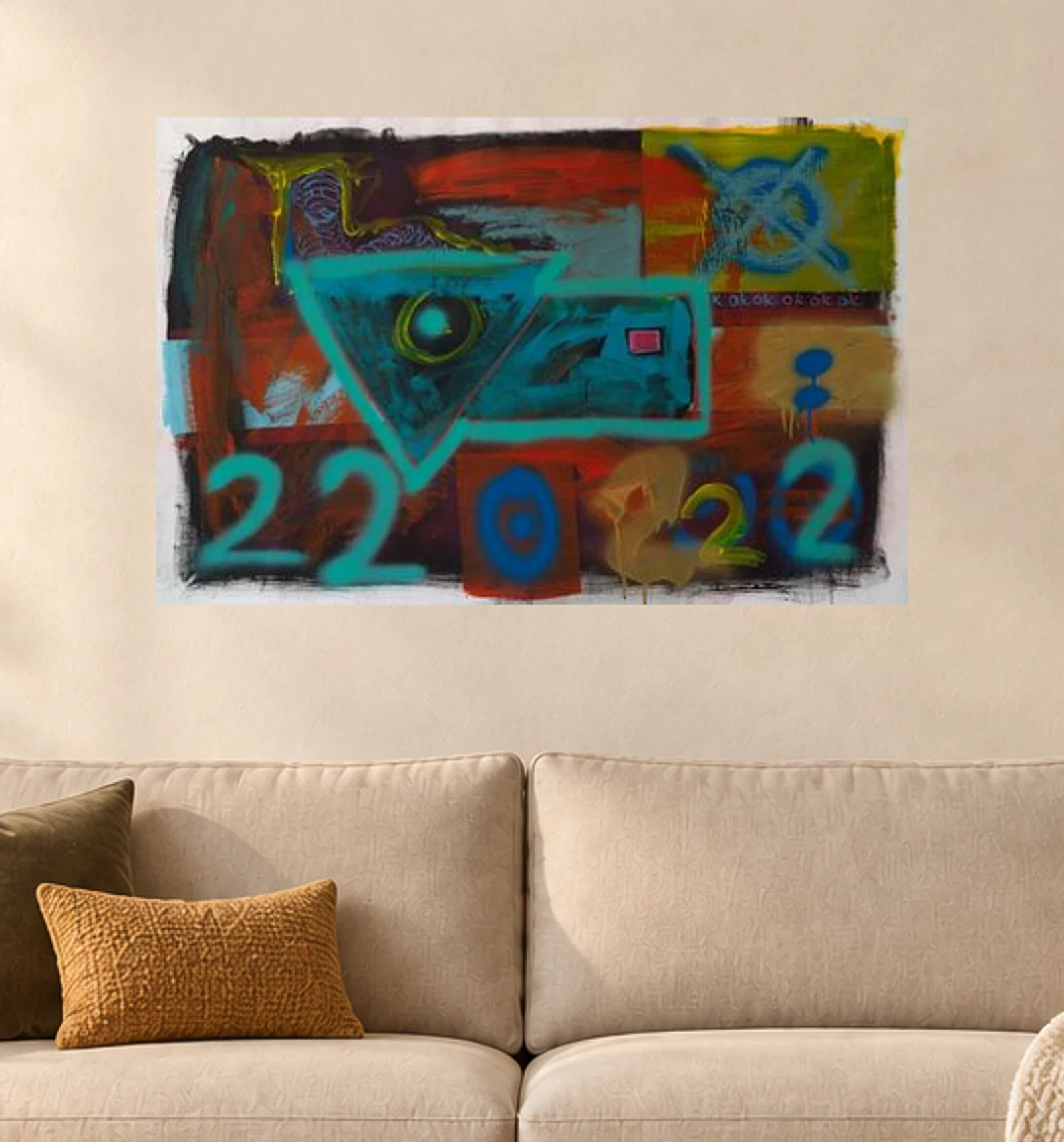 I am ok — illustrative room visualization, approximate scale, original artwork