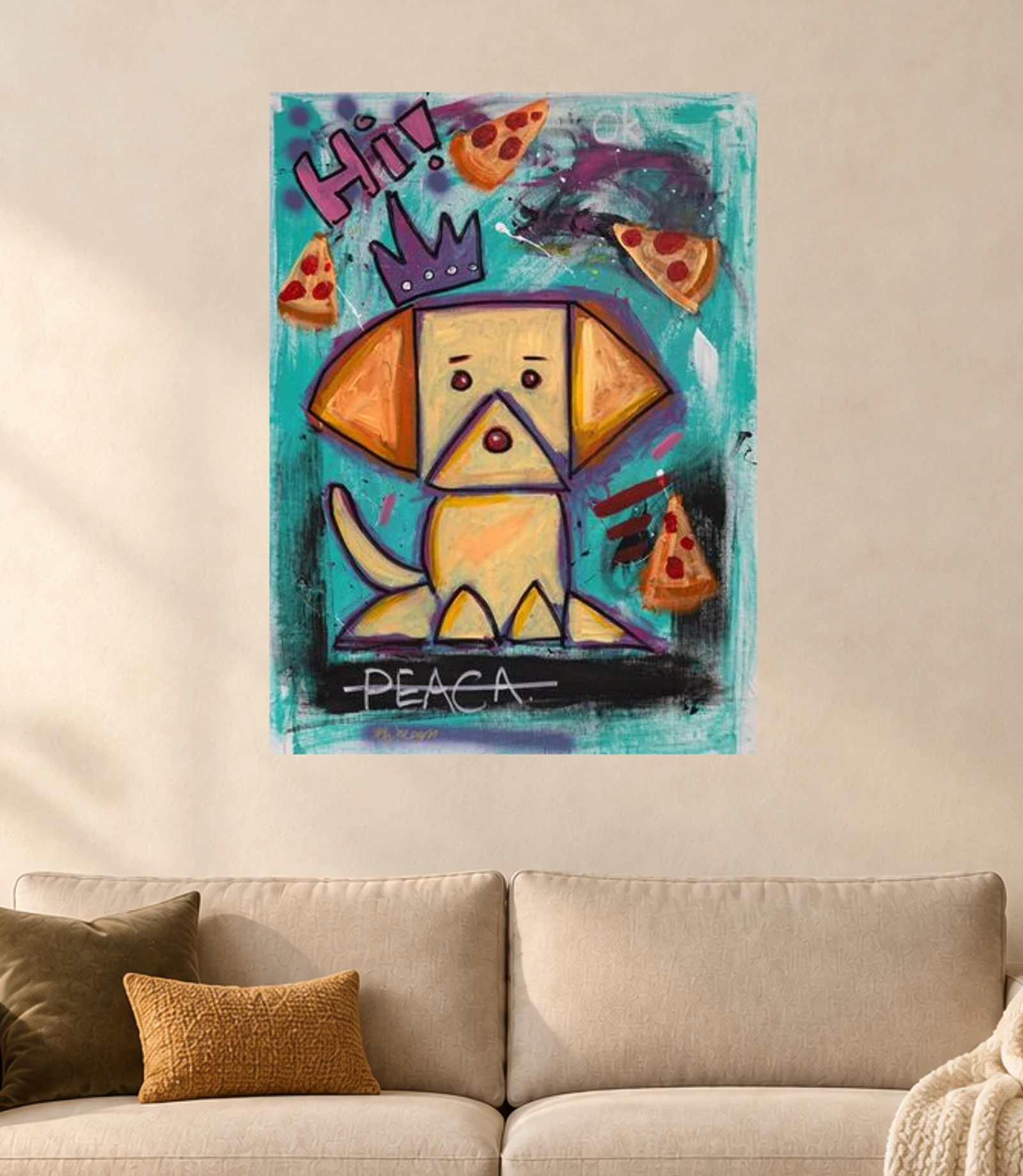 Peace and Pizza — illustrative room visualization, approximate scale, unframed print