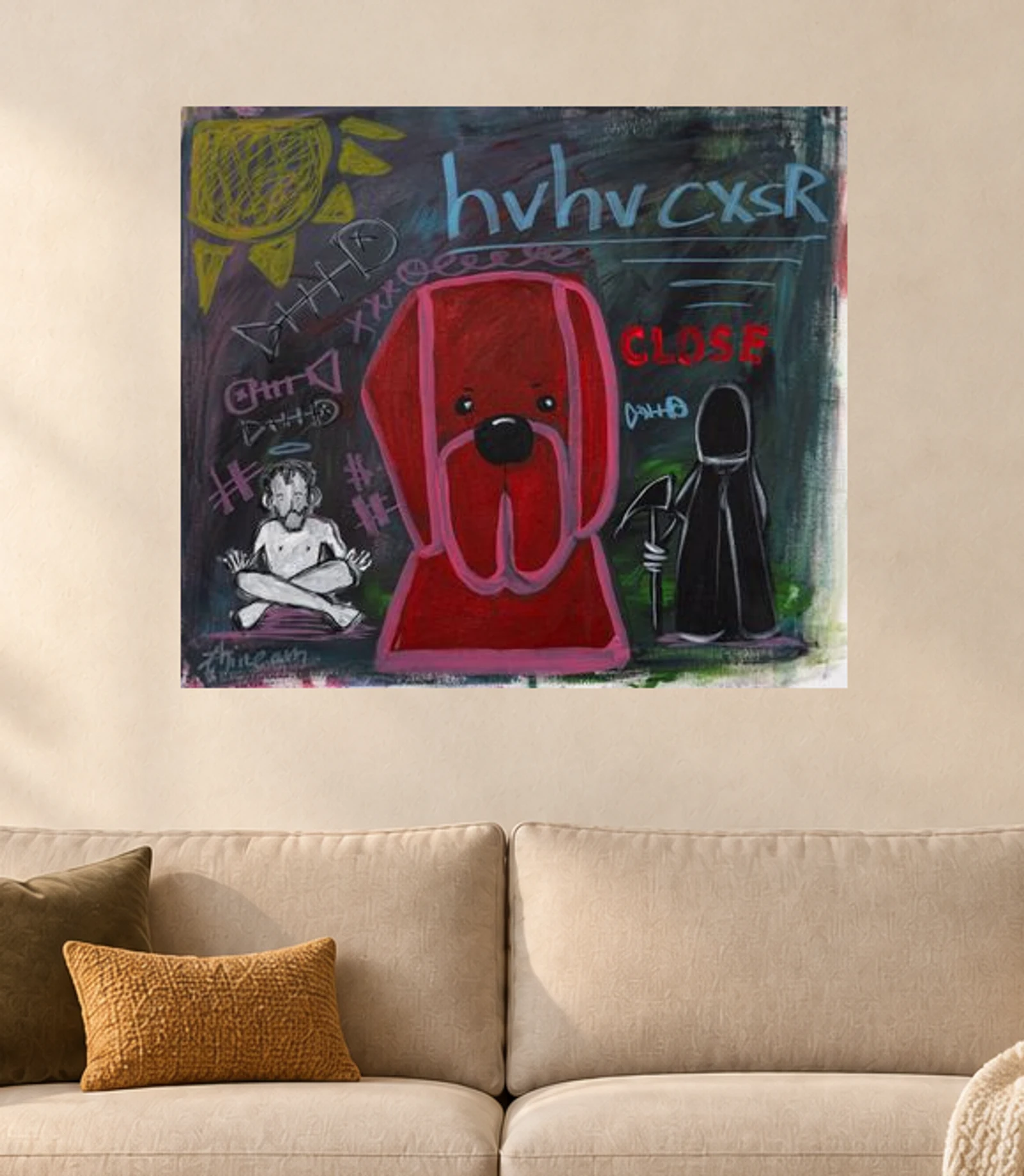 Stay Close — illustrative room visualization, approximate scale, original artwork