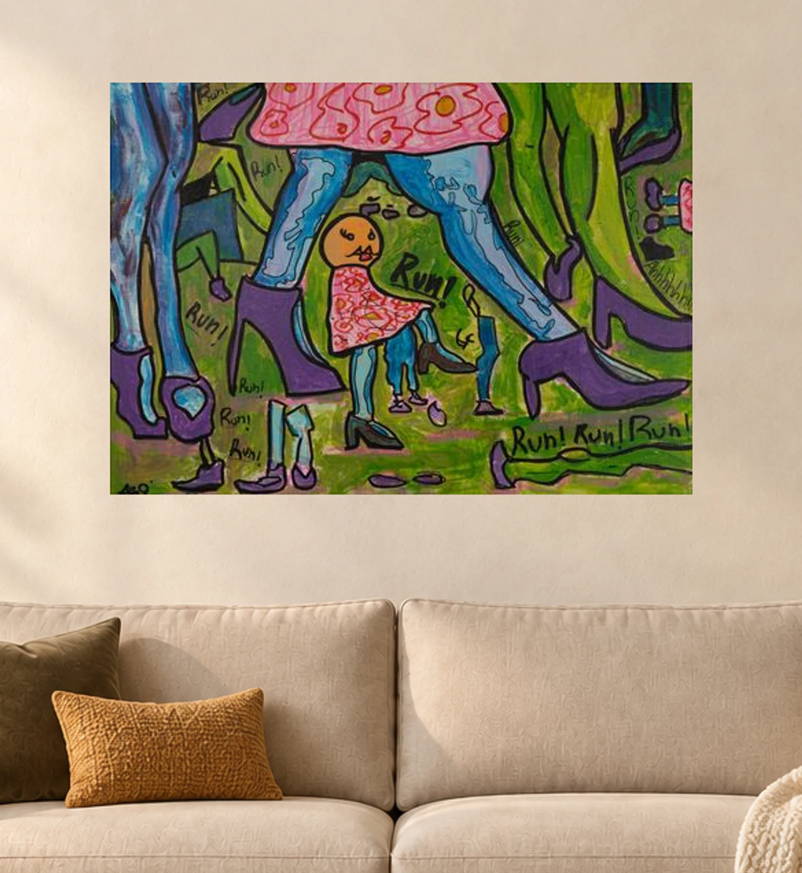 Run — illustrative room visualization, approximate scale, original artwork