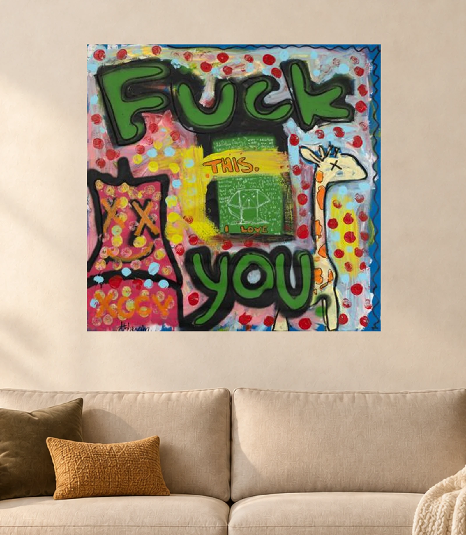 Fuck this, I Love You — illustrative room visualization, approximate scale, original artwork