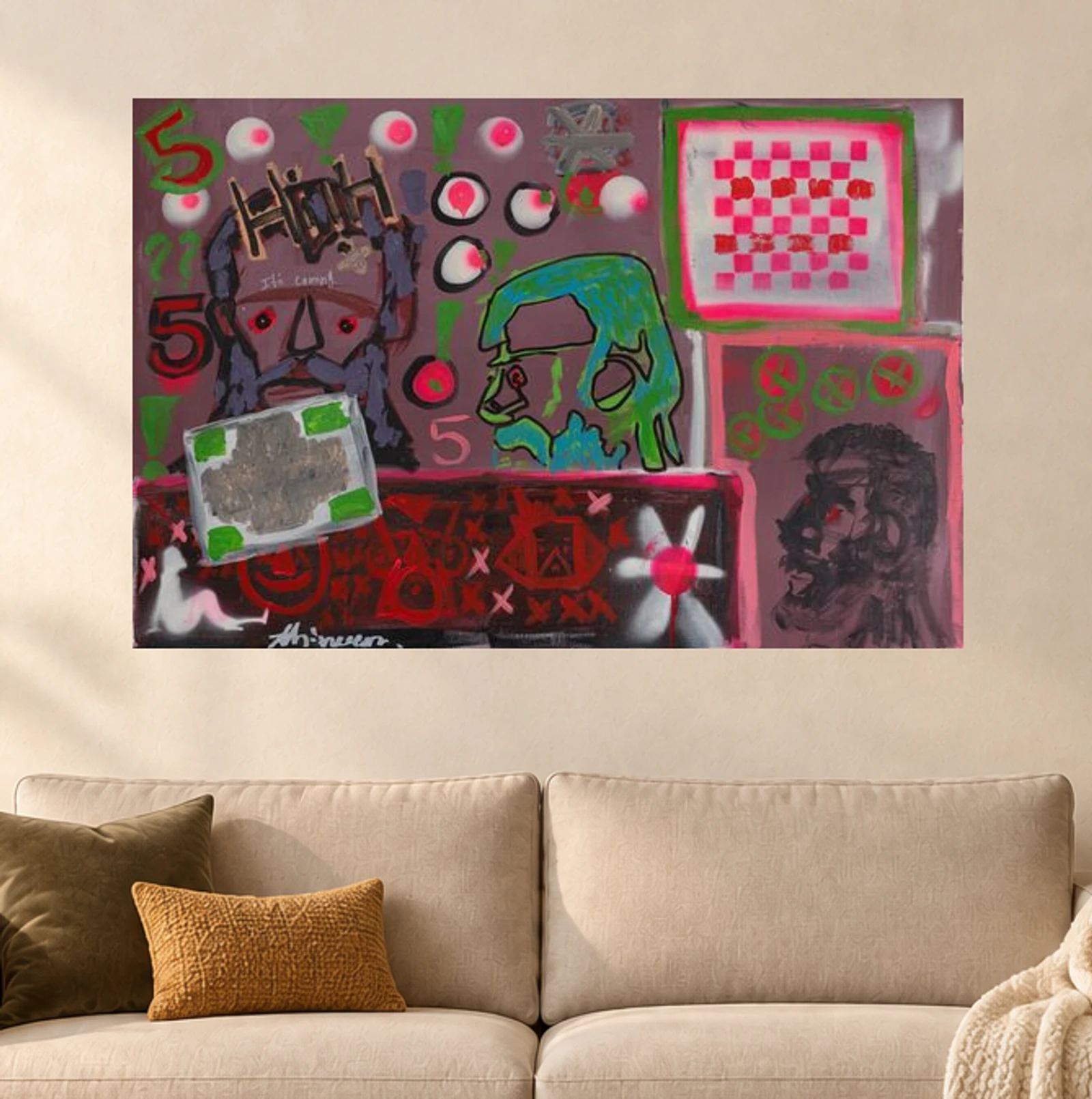 Five More Minutes — illustrative room visualization, approximate scale, original artwork