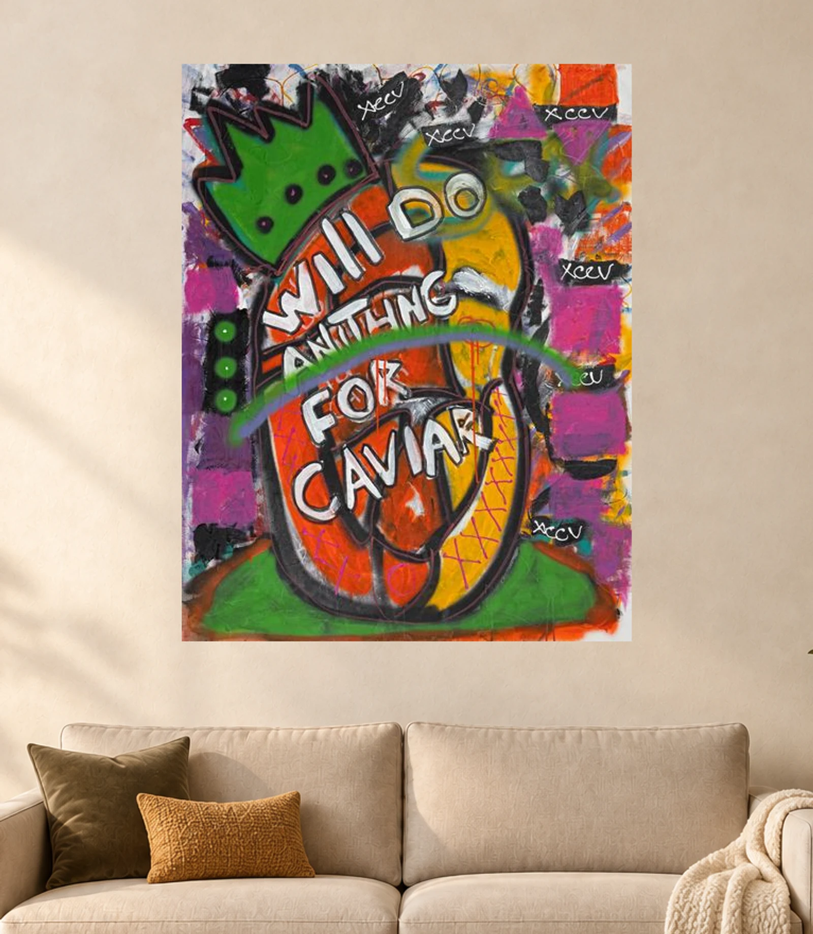 Will Do Anything for Caviar — illustrative room visualization, approximate scale, original artwork