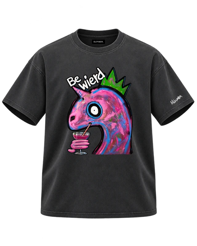 Be Wierd T-Shirt in Retro Black — dimensional ghost front with original artwork and OLPINER neck label