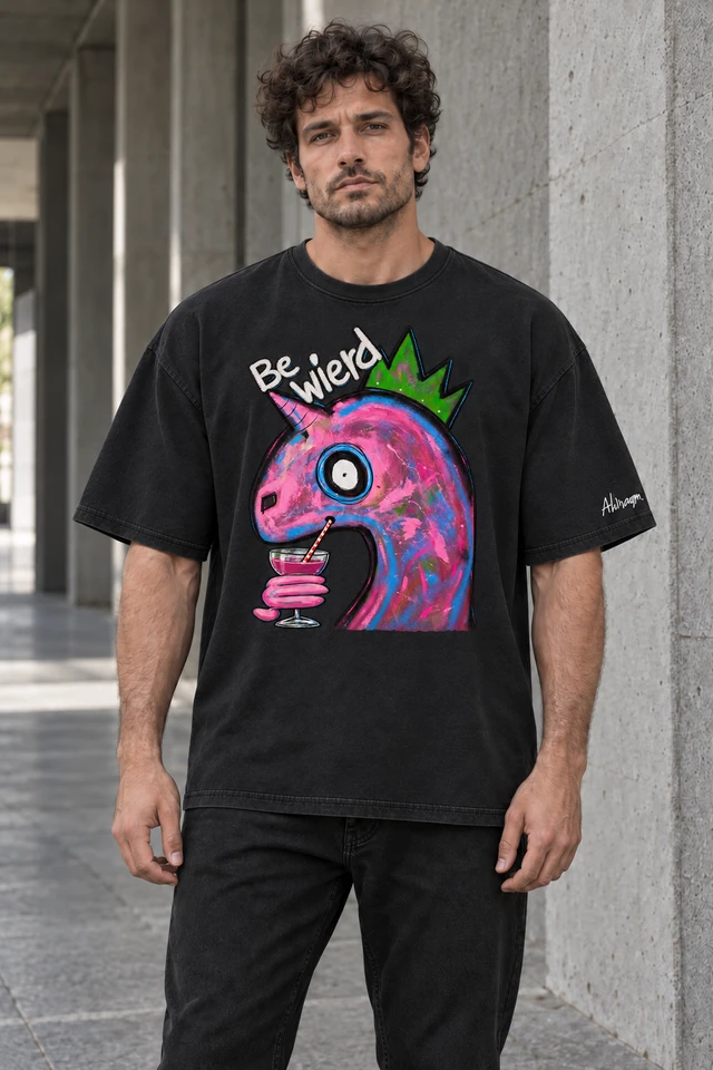 Be Wierd T-Shirt in Retro Black — male model in concrete walkway; AI visualization