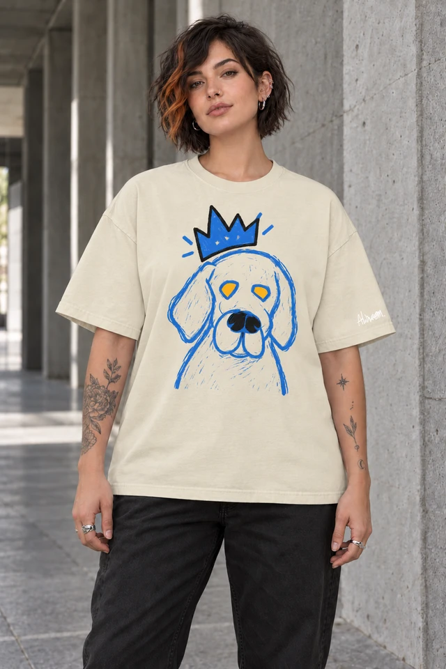 Blue Blood T-Shirt in Apricot — female model in concrete walkway; AI visualization