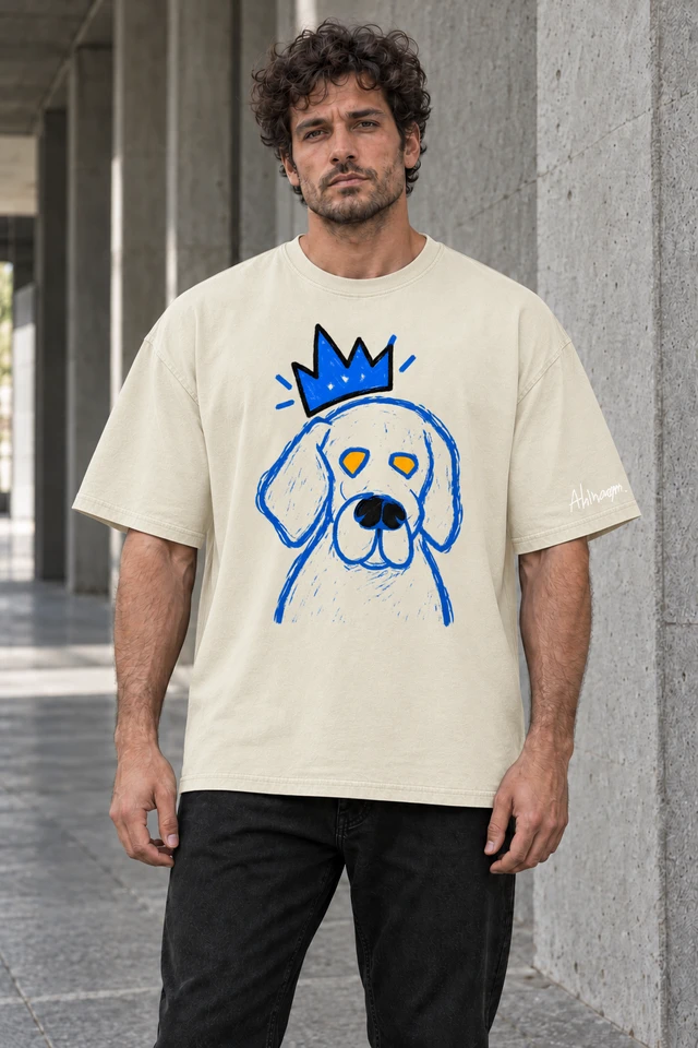 Blue Blood T-Shirt in Apricot — male model in concrete walkway; AI visualization