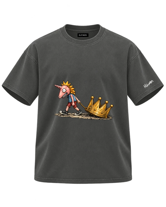 Heavy Crown T-Shirt in Dark Gray — dimensional ghost front with original artwork and OLPINER neck label