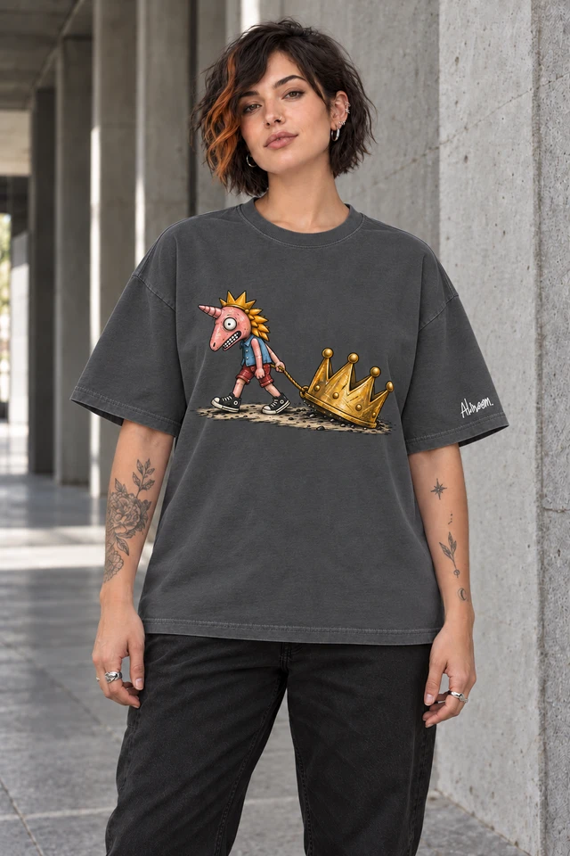 Heavy Crown T-Shirt in Dark Gray — female model in concrete walkway; AI visualization