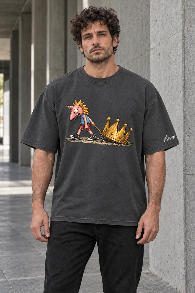 Heavy Crown T-Shirt in Dark Gray — male model in concrete walkway; AI visualization