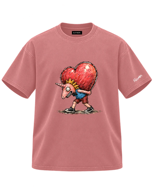 Heavy Heart T-Shirt in Brick Red — dimensional ghost front with original artwork and OLPINER neck label