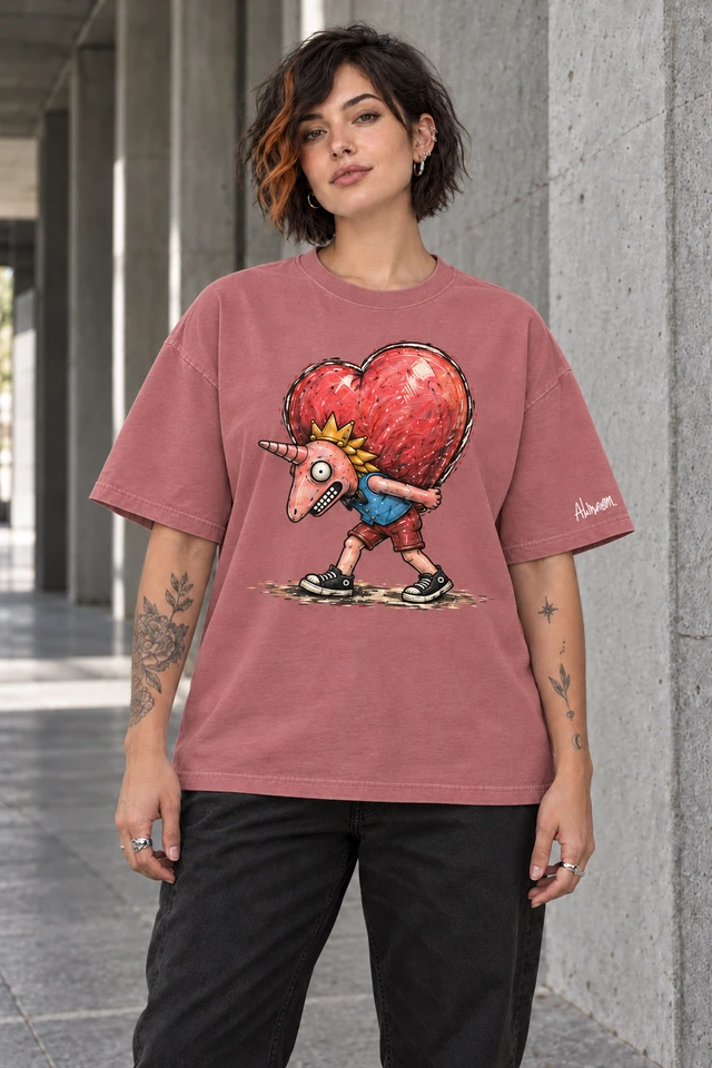 Heavy Heart T-Shirt in Brick Red — female model in concrete walkway; AI visualization
