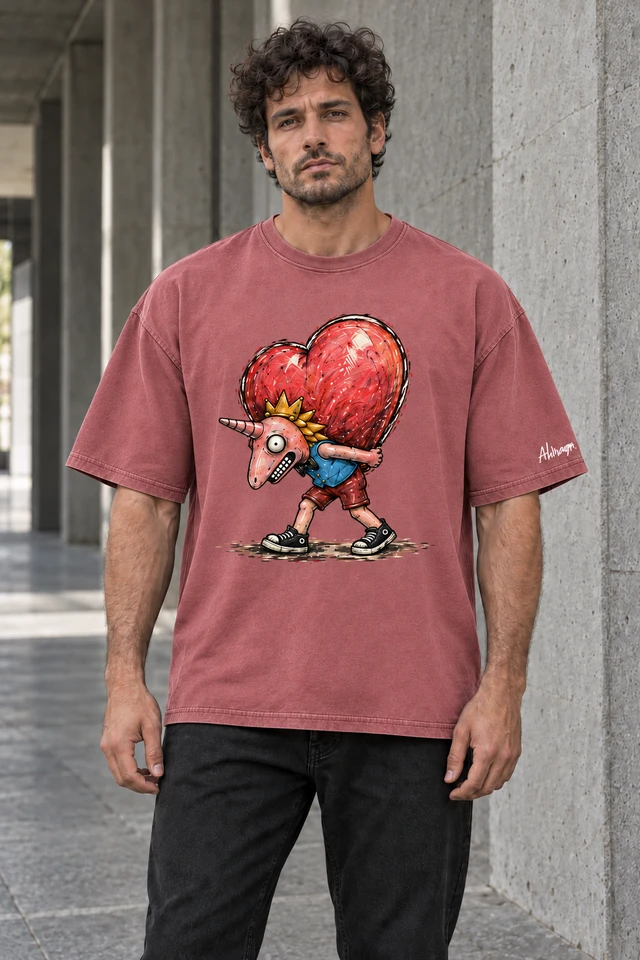 Heavy Heart T-Shirt in Brick Red — male model in concrete walkway; AI visualization