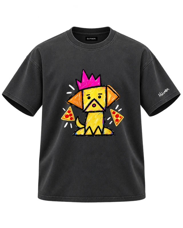 Pizza King T-Shirt in Retro Black — dimensional ghost front with original artwork and OLPINER neck label