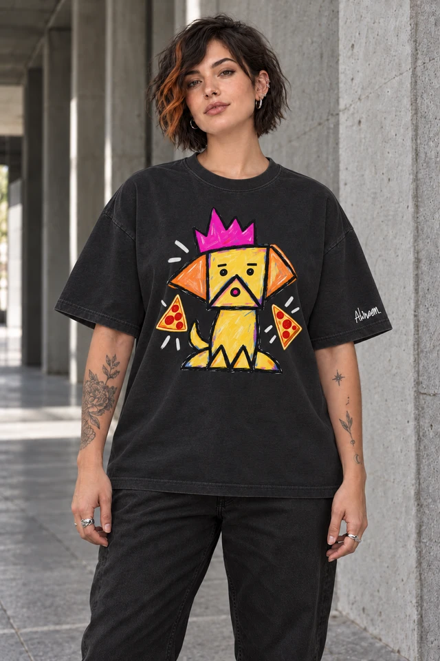 Pizza King T-Shirt in Retro Black — female model in concrete walkway; AI visualization