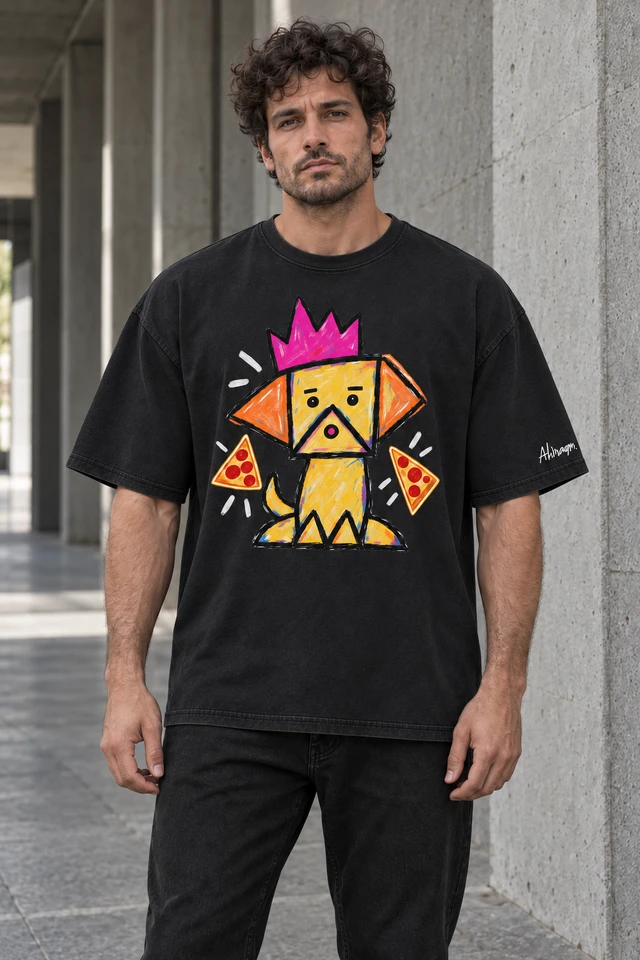 Pizza King T-Shirt in Retro Black — male model in concrete walkway; AI visualization