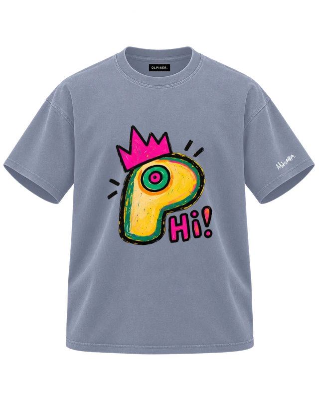 Say Hi T-Shirt in Gray Blue — dimensional ghost front with original artwork and OLPINER neck label