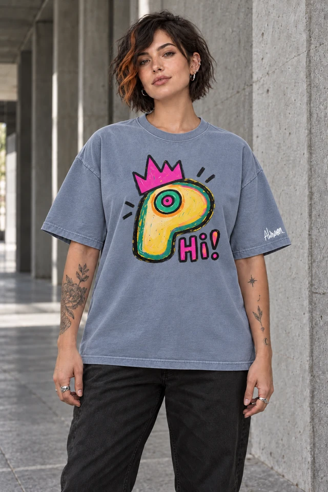 Say Hi T-Shirt in Gray Blue — female model in concrete walkway; AI visualization