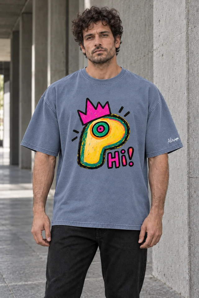 Say Hi T-Shirt in Gray Blue — male model in concrete walkway; AI visualization