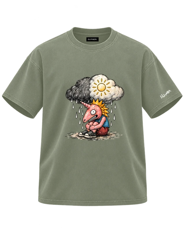 Weather Inside T-Shirt in Gray Green — dimensional ghost front with original artwork and OLPINER neck label