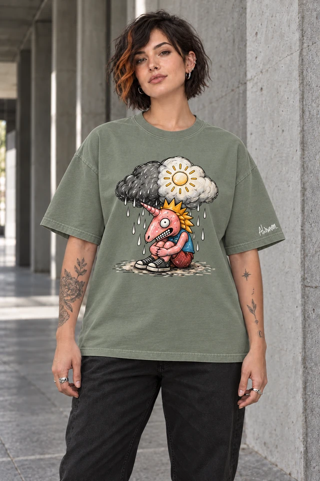 Weather Inside T-Shirt in Gray Green — female model in concrete walkway; AI visualization