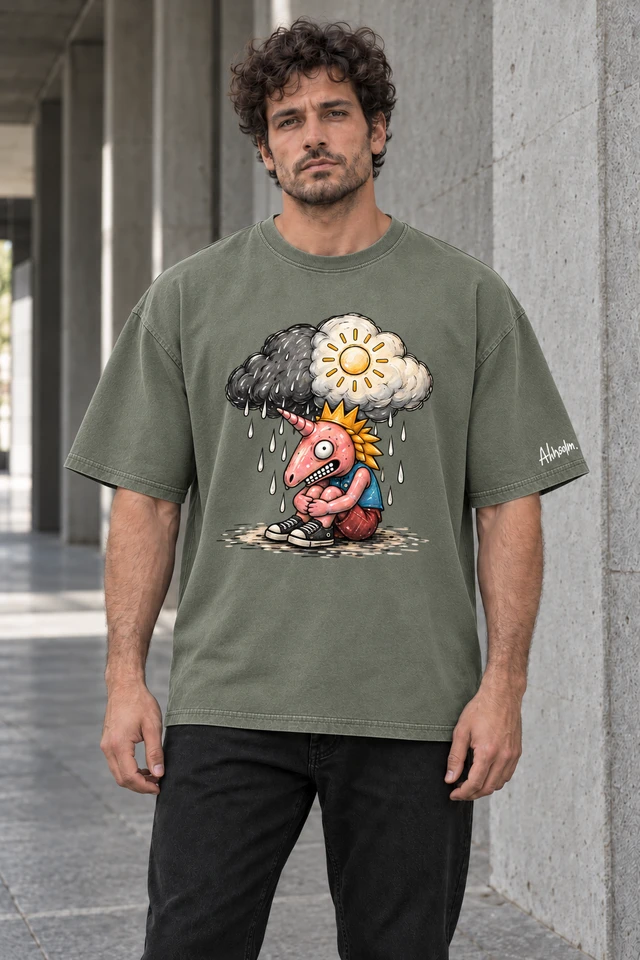 Weather Inside T-Shirt in Gray Green — male model in concrete walkway; AI visualization