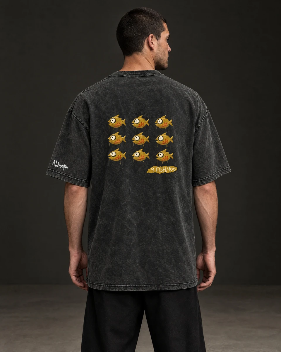 9 FISH / 100 — back view, Black shirt — AI-generated model preview