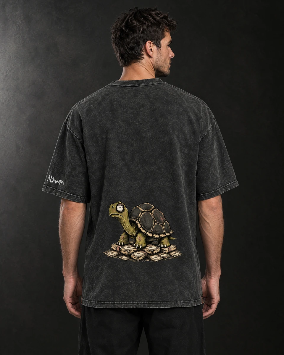 SLOW MONEY — back view, Black shirt — AI-generated model preview